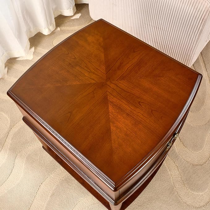 Traditional Wood End Table with Drawer and Storage Shelf, Hardwood Beside Table with Pull-Out Divider, Modern Vintage Sofa Chair Side Table Nightstand for Living Room Bedroom, Cherry Brown 1569MG