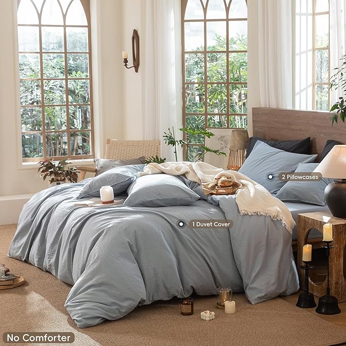 MooMee Wavy Striped Duvet Cover Set 100% Washed Cotton Linen Like Textured Breathable Durable Soft Comfy (Cornflower Blue, Super Queen 90"x98")