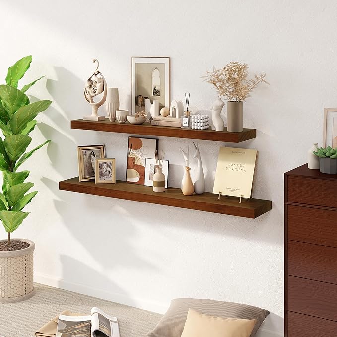 Fun Memories Floating Shelves, 9.3 Inch Deep Solid Pine Wood Wall Shelves for Storage, Rustic Wall Mounted Display Shelf with Invisible Heavy-Duty Metal Bracket, 55 Inch Width, Walnut