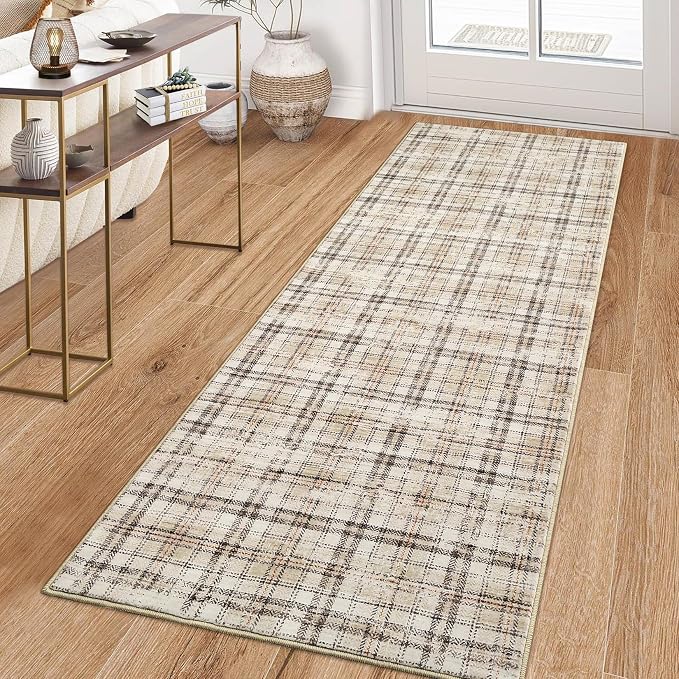 Washable Modern Tartan Plaid Non Slip Kitchen & Bedroom 2'x6' Beige Stain Resistant Throw Rug