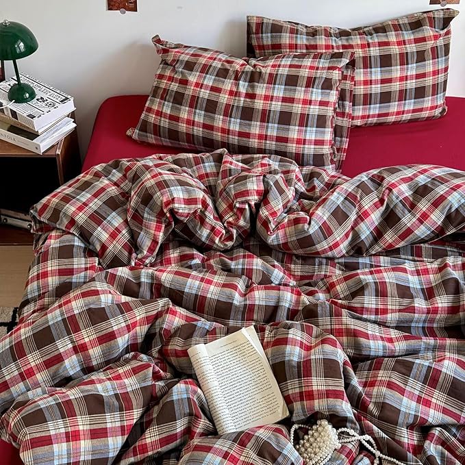 mixinni Vintage Red & Brown Buffalo Plaid Duvet Cover Set Queen Size - 3 Piece Washed Cotton Bedding Set with Classic Checkered Pattern, Cozy Farmhouse Duvet Cover with Pillowcases for All Seasons