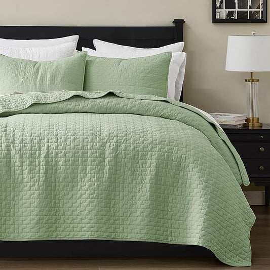 palassio Sage Green 100% Cotton Quilt Twin Size Bedding Sets with 1 Pillow Sham, Textured Lightweight Soft Bedspread Shabby Chic Coverlet, Quilted Thin Comforter Bed Cover for All Season, 2 Pieces