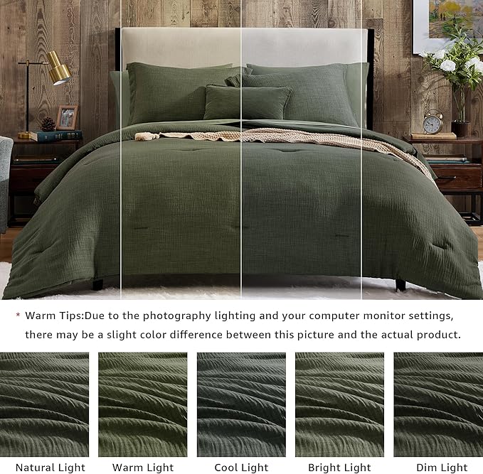 Geniospin King Size Comforter Set- 7 Piece Dark Green Textured King Bedding Set, Soft Solid Bed in a Bag for All Season, King Comforter Set with Sheets(Dark Green,102''x90'')