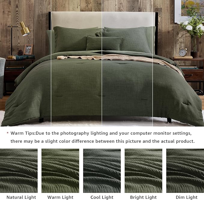 Geniospin Dark Olive Green Twin Comforter Set - 5 Pieces Comforter Twin Size, Solid Bedding Set for All Season, Textured Bed in a Bag with Sheets
