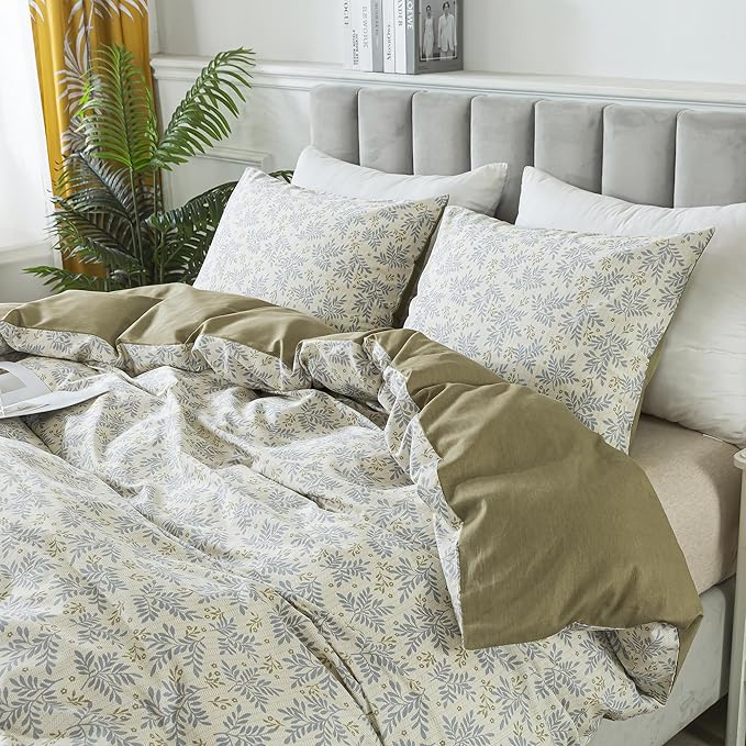 HoneiLife Floral Duvet Cover Queen - 100% Cotton Comforter Cover,Breathable Bedlinen Set with Zipper Closure & Corner Ties, Botanical Comforter Cover Sets 3-PC