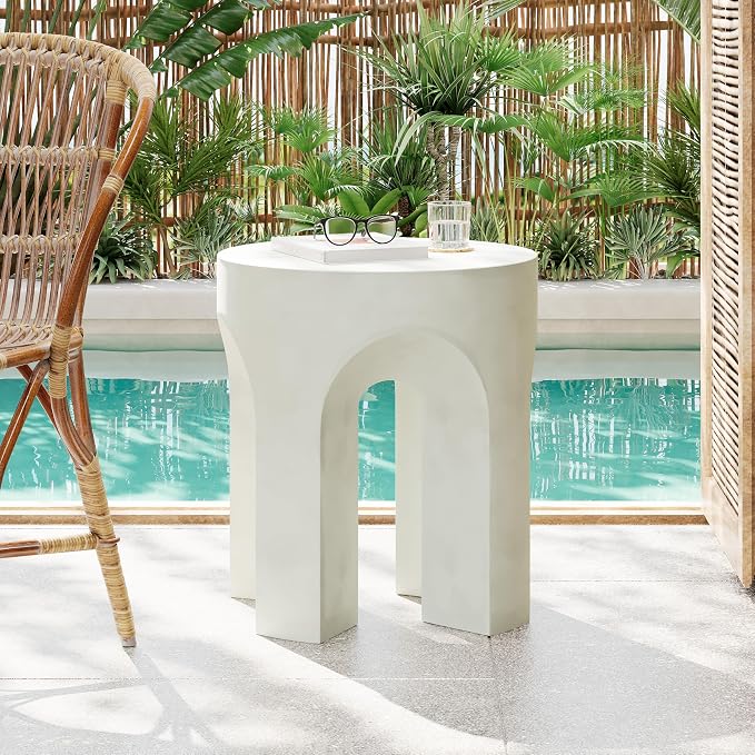 ø18'' Faux Concrete Cement Round Side Table End Table, Modern Contemporary Minimalist Style, MGO Material for Indoor & Outdoor, No Assembly, Antique White