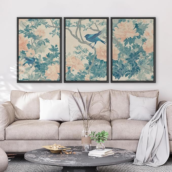 wall26 Framed Print Wall Art Set Elegant Blue Bird and Peony Floral Pattern Decorative Minimal Relax/Zen for Living Room, Bedroom, Office - 16"x24"x3 Black