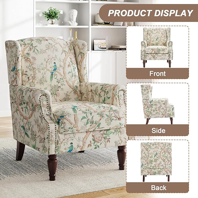 Pia Ricco High Back Floral Accent Chair - Retro Wingback Upholstered Armchair with Nailhead Trim, Solid Wood Legs, Fabric Living Room Bedroom Home Office Reading Chair (Bird Pattern)