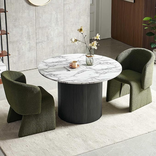 NORDICANA 3-Piece Round Dining Table Set for 2, Modern 47-Inch Kitchen Table and Chair Set, Dining Set with Dark Green Upholstered Armchairs, Manufactured Wood Top with White Marble Effect Finish