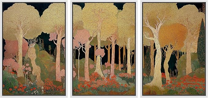 wall26 Framed Print Wall Art Set Art Nouveau Golden Forest Whimsical Vintage Tree and FloralDecorative Minimal Relax/Zen for Living Room, Bedroom, Office - 24"x36"x3 WHITE