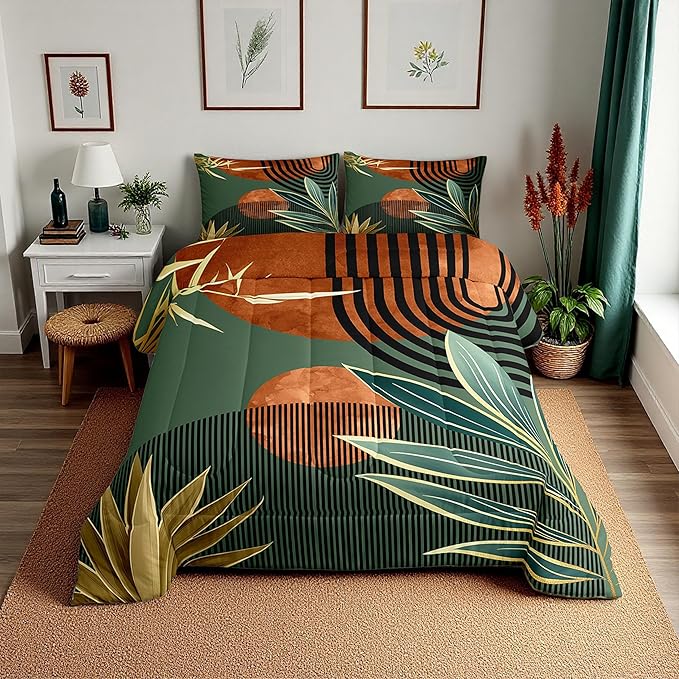 Erosebridal Mid Century Bedding Set King Size Vintage Bohemian Comforter Set,Modern Minimalist Bedding Comforter Sets Abstract Geometric Stripes Art Quilt,Green Orange