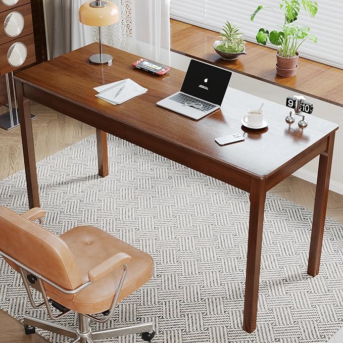 Solid Wood Desk with Drawers - 55 x 22 Inch Vintage Desks, Mid Century Modern Desks, Rubber Wood Study Table, Writing Desk with Drawers for Bedroom|Any Spaces - Walnut Color