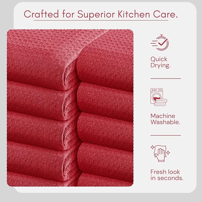 TWINY threads Waffle Dish Towel, 4 Pack, 16x26 Inch, Premium Large 100% Cotton Kitchen Linen Set, Absorbent Cloth for Drying Dishes, Cookware, Quick Drying, Reusable & Machine Washable Wash Rags, Red