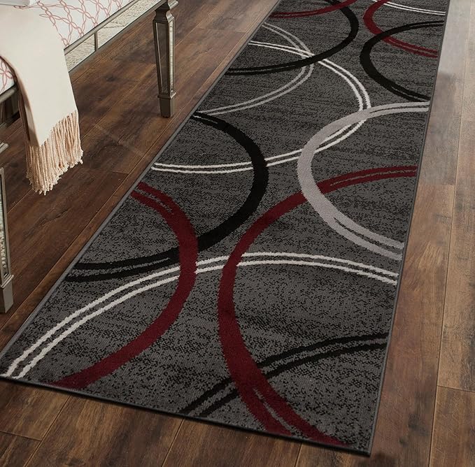 Rugshop Modern Wavy Circles Design Non-Shedding Runner Rug, Carpet for Hallway or Kitchen, Red, 2' x 10'