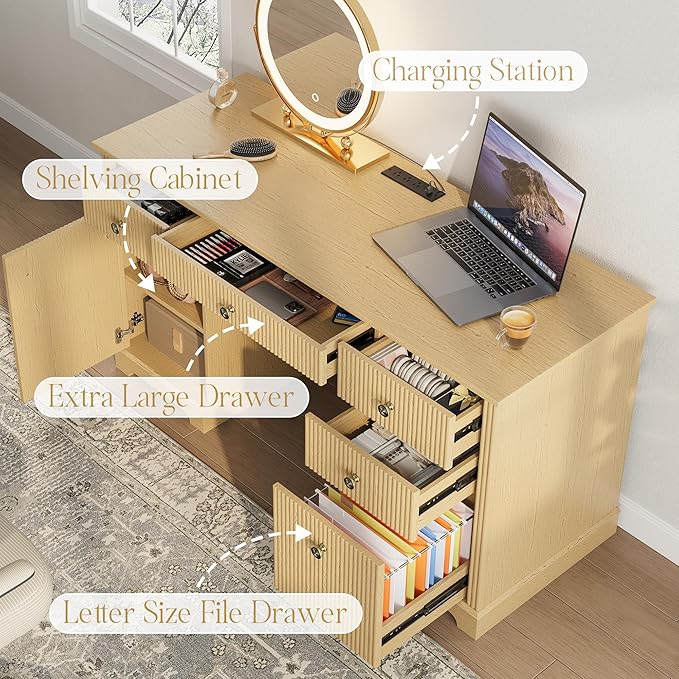 59" Modern Executive Desk with Drawers, Wood Home Office Computer Desk with Charging Station, 5 Drawers & 1 Cabinet, File Drawer, Fluted Computer Writing Desk for Study, Living Room, Bedroom, Oak