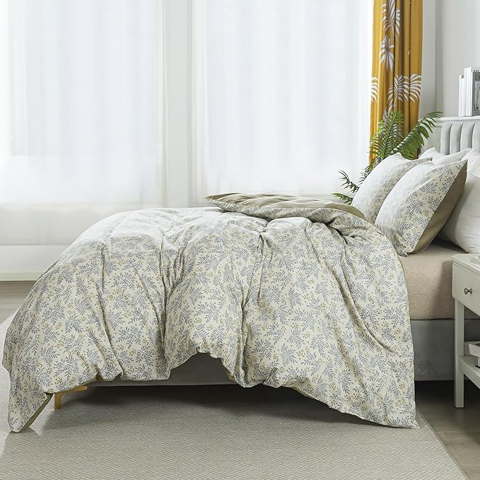 HoneiLife Floral Duvet Cover King - 100% Cotton Comforter Cover,Breathable Bedlinen Set with Zipper Closure & Corner Ties, Botanical Comforter Cover Sets 3-PC