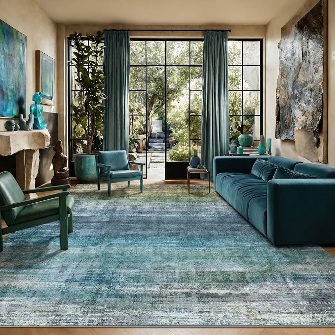 Kokia Abstract Teal Area Rugs 8x10 Bedroom Soft Living Room Rugs Washable Distressed Vintage Comfy Carpet with Non-Slip Backing for Farmhouse Home Office Room Decor, Blue and Green