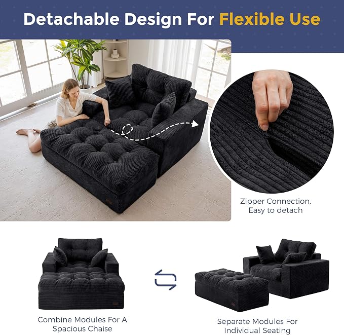MAXYOYO Oversized Chaise Lounge Sofa, Upholstered Lounge Chair with 3 Pillows, Tufted Boneless Sofa Couch with Ottoman, Deep Seat Chair for Living Room, No Assembly, Black
