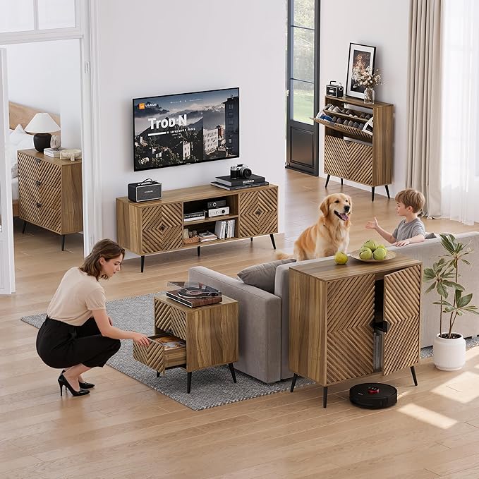 Smuxee Walnut Sideboard Cabinet with Fluted Diamond Doors, Freestanding Buffet Cabinet with Adjustable Shelf, Wood Storage Cabinet for Living Room, Entryway, Hallway