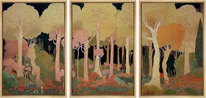 wall26 Framed Print Wall Art Set Art Nouveau Golden Forest Whimsical Vintage Tree and FloralDecorative Minimal Relax/Zen for Living Room, Bedroom, Office - 16"x24"x3 NATURAL
