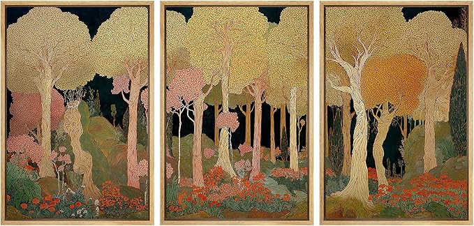 wall26 Framed Print Wall Art Set Art Nouveau Golden Forest Whimsical Vintage Tree and FloralDecorative Minimal Relax/Zen for Living Room, Bedroom, Office - 24"x36"x3 NATURAL