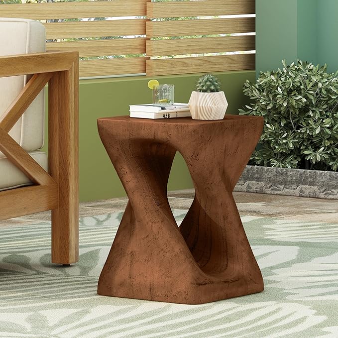 ø11.75'' Small Side Table End Table for Living Room, Modern Retro Farmhouse Countryside Style, Magnesium Oxide Material for Indoor & Outdoor, No Assembly, Wood Grain, Antique Brown