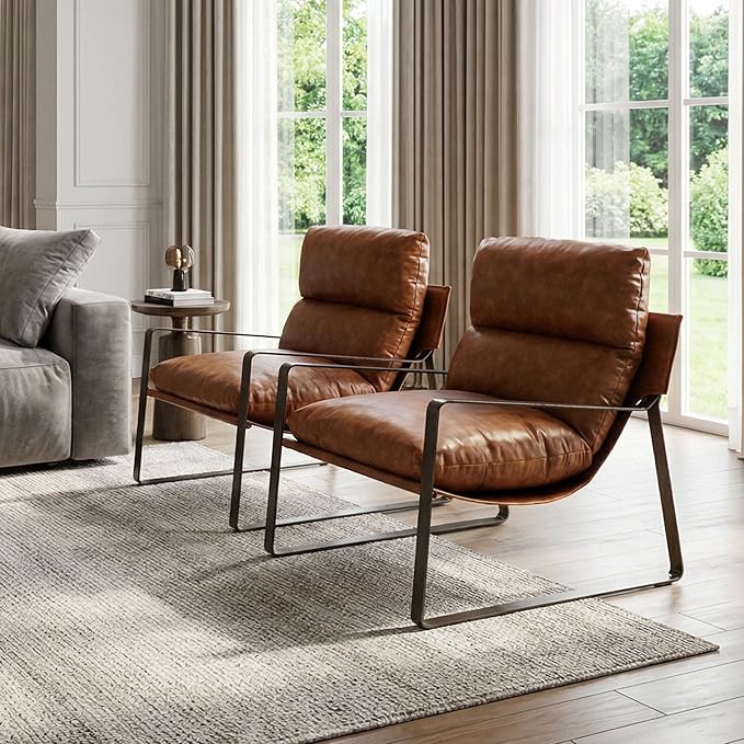 LukeAlon Modern PU Leather Accent Armchair, Upholstered Lounge Chair with Brass Metal Frame Thickened Cushion Comfy Leisure Chair with Lychee Grain for Bedroom Living Room, Brown