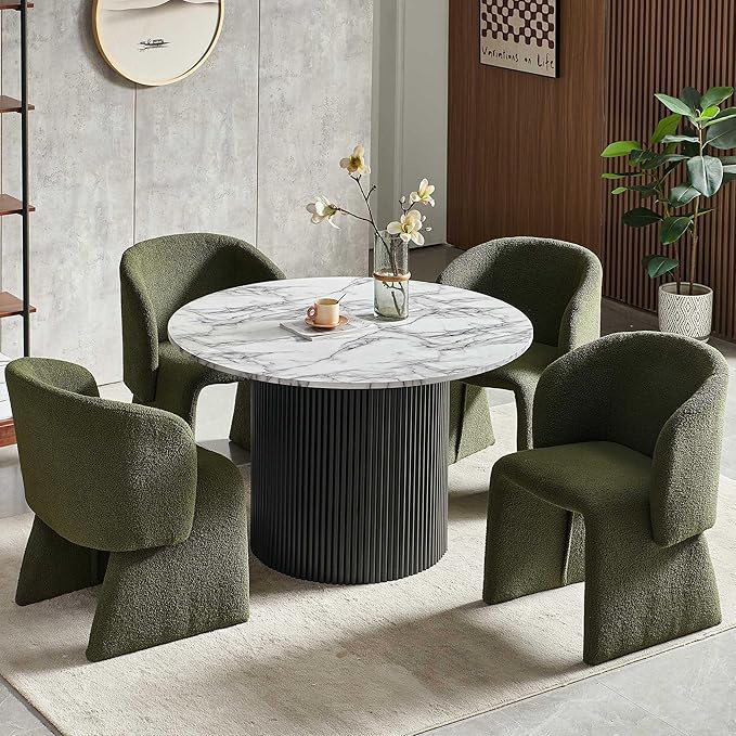 NORDICANA 5-Piece Round Dining Table Set for 4, Modern 47-Inch Kitchen Table and Chair Set, Dining Set with Dark Green Upholstered Armchairs, Manufactured Wood Top with White Marble Effect Finish