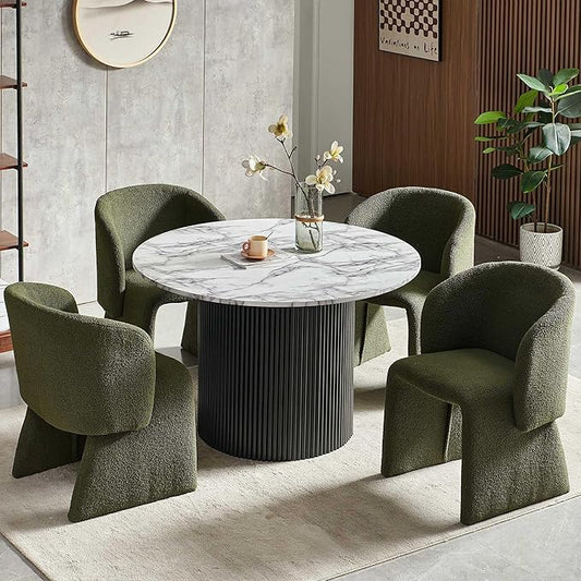 NORDICANA 5-Piece Round Dining Table Set for 4, Modern 47-Inch Kitchen Table and Chair Set, Dining Set with Dark Green Upholstered Armchairs, Manufactured Wood Top with White Marble Effect Finish