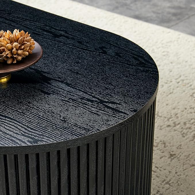 Oval Coffee Table, 47.5" Coffee Table with Storage, Fluted Accent Center Table with Textured Roman Column Patterns, Mid Century Modern Coffee Tables for Living Room, Office, Apartment, Black