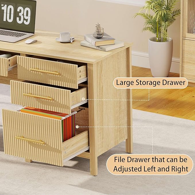 Modern Executive Desk with Drawers: 54" Oak Home Office Desks with File Drawers, Wood Fluted Computer Writing Desk for Work, Study, and Living Room (54")