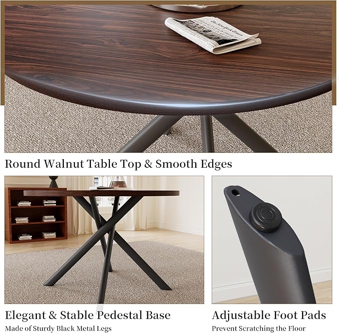 45.3 Inch Round Dining Table Set for 4, Mid Century Modern Small Coffee Set for Dining Room Kitchen Apartment (Dark Walnut Table + 4 U-Shaped Brown Chairs)