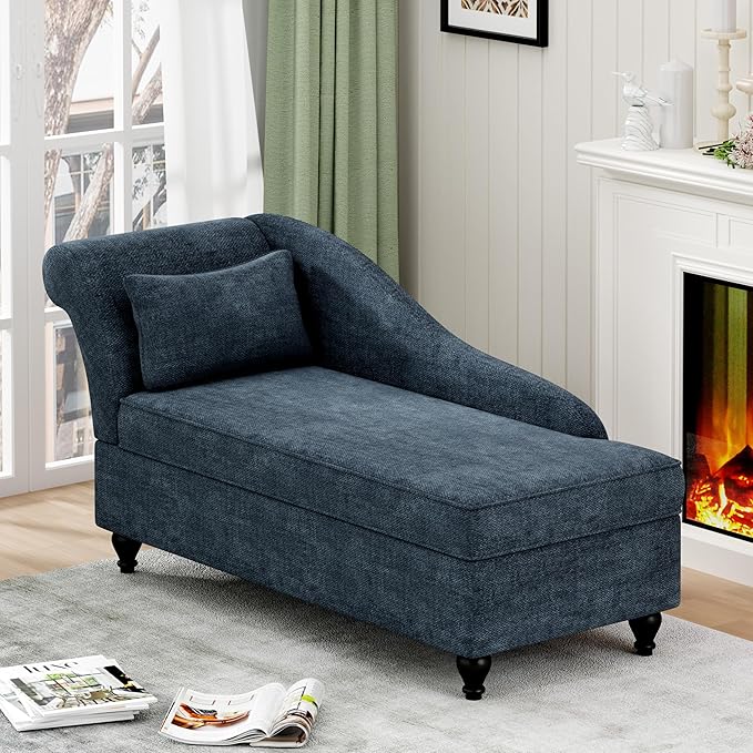Storage Chaise Lounge Indoor, Upholstered Chaise Lounge Chair with Storage for Bedroom Living Room Office Blue Chenille Fabric (Left Armrest)