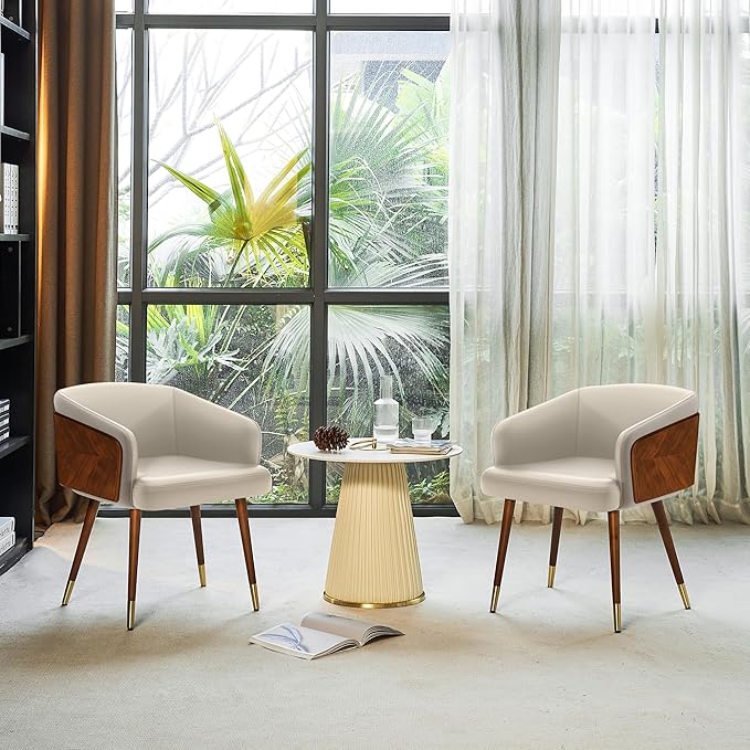 ARTPLAN Modern Upholsted Accent Dining Chairs,Mid-Century Faux Leather with Walnut for Kitchen,Office Waiting Room Arm Sitting Chair, Beech Legs Dissassembly Adjustable Feet,Cream