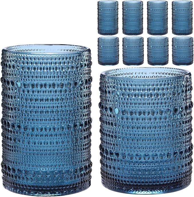Vintage Hobnail Drinking Glasses Set of 8,Blue 12 oz & 15oz Highball Glass Cups,Kitchen Drinkware Glassware,Embossed Water Tumbler,for Beer,Cocktail,Whiskey,Juice and Various Mixed Drinks