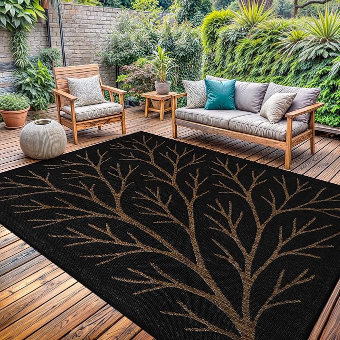 Washable Indoor Outdoor Rug 10x14 Modern Area Rugs Branch Pattern Non Shedding Waterproof Easy Clean Patio Deck Porch Living Room Bedroom Garden RV (10 X 14 Gold)