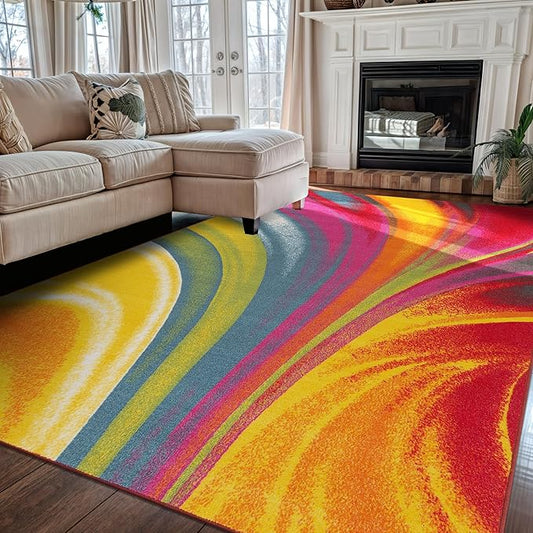 Rugshop Multi Waves Non Slip Contemporary Abstract Large Rug Fade Resistant for Living Room, Office and Dining Room, 6'6" x 9'