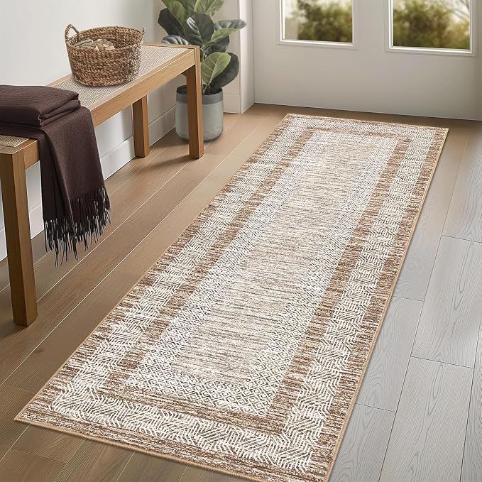 GarveeHome Washable 2.5x10 Kitchen Runner Rug, Easy Clean Geometri Rugs for Hallway Entryway, Indoor Outdoor Non Slip Rug Farmhouse Morden Carpet Door Mat Area Rug for Laundry Room Brown