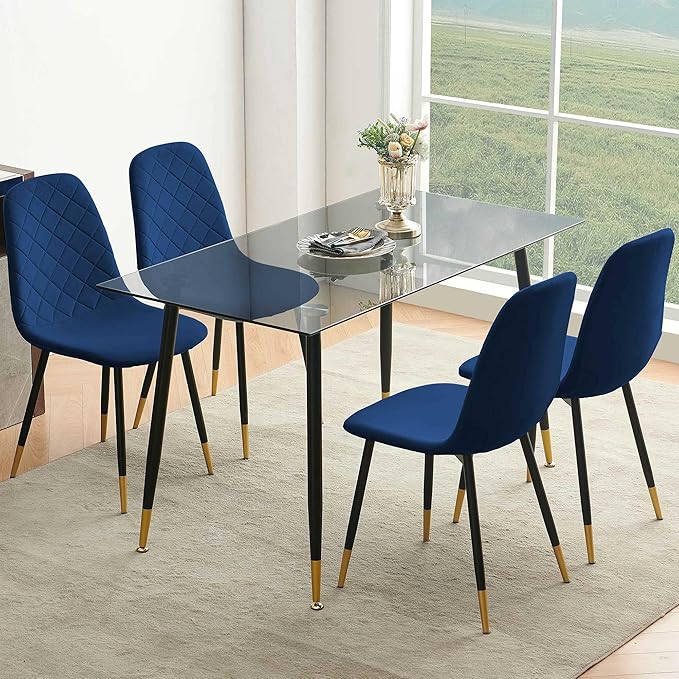 Navy Blue Velvet Dining Chairs Set of 2 - Upholstered Kitchen & Dining Room Chairs with Metal Legs, Mid-Century Modern Accent Chair for Living Room Kitchen Bedroom
