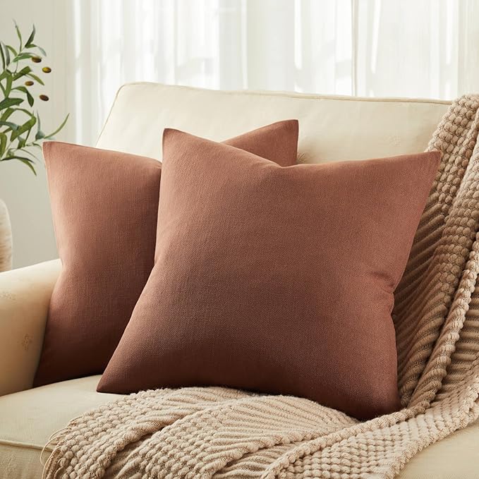 ZeeMart Rustic Cotton Linen Throw Pillow Covers Set of 2, 20x20 Inch Terracotta, Farmhouse Style Decorative Couch Pillow Cases Cushion Covers for Sofa Bed Living Room Home Decor