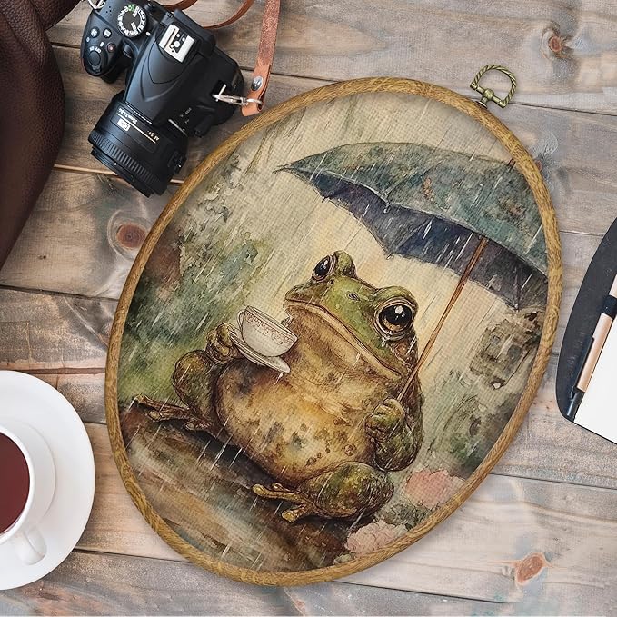 CGBHW Vintage Frog Oval Wall Art Decor, Cottagecore Farmhouse Frog Canvas Prints Framed, Whimsical Floral Botanical Rainy Day Animal Wall Art Hanging Decor for Home Bedroom Living Room, 8.6x11.4 Inch