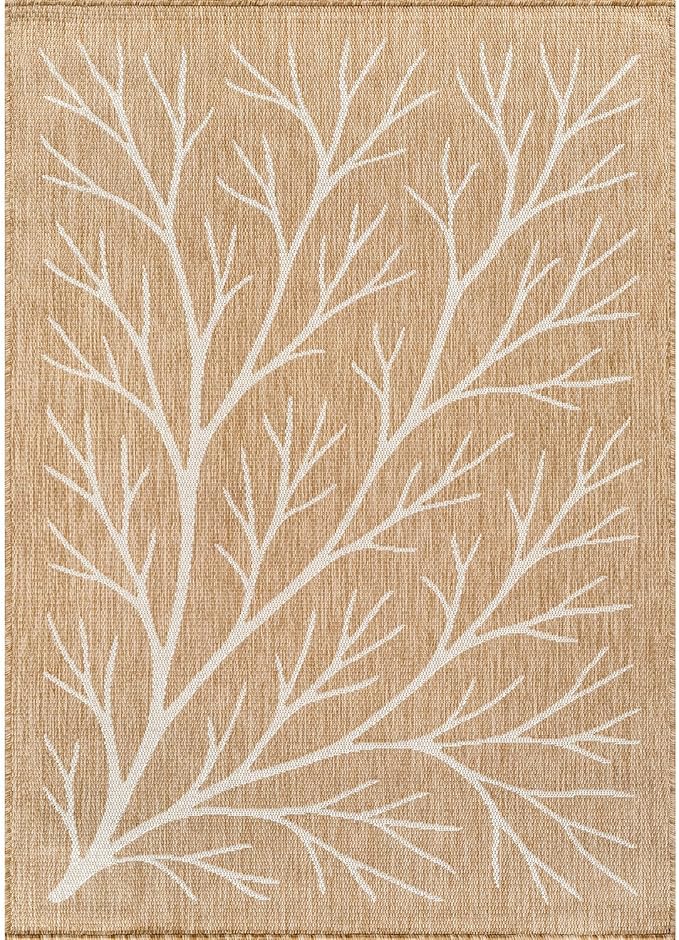 Washable Indoor Outdoor Rug 10x14 Modern Area Rugs Branch Pattern Non Shedding Waterproof Easy Clean Patio Deck Porch Living Room Bedroom Garden RV (10 X 14 Natural)
