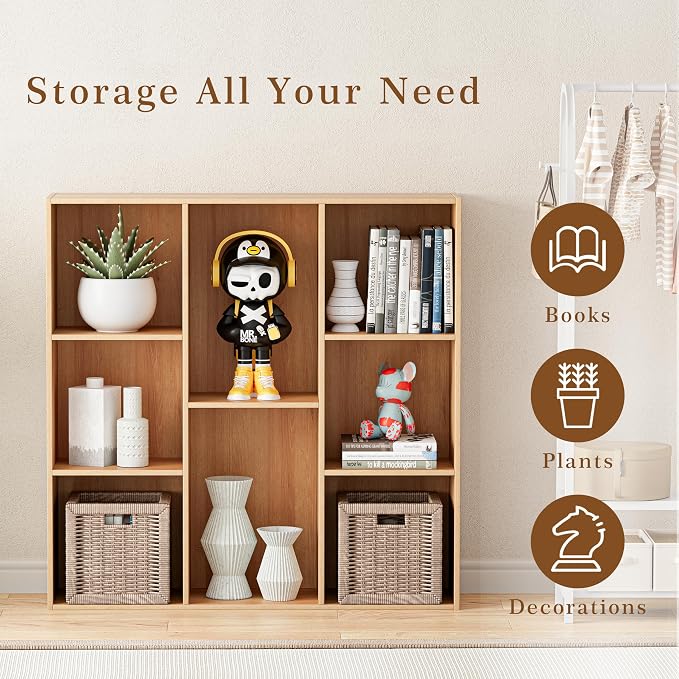 VDNEND Wooden Cube Storage Organizer with Closed Back Panel, 11in Cube Shelf Opening, Bookshelf, Display Shelf,Closet Cabinet for Home and Office (Natural Oak, 8-Cube 35.98L*9.45W*35.91H)
