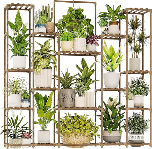Bamworld Plant Shelf Indoor Hanging Plant Stand Outdoor Large Plant Shelves Tall Flower Holder wooden plant stand for Multiple Plants Plant Rack for Living Room Balcony Decor Garden Clearance Deals 17 Pots Plant Table