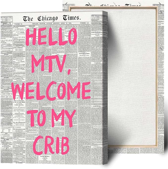 Drimiler Retro Hello Mtv Welcome To My Crib Posters Pink Font Newspaper Canvas Wall Art Positive Affirming 70'S Room Aesthetic Prints Painting For Home Bedroom Dorm Wall Decor 24x36in Wframed