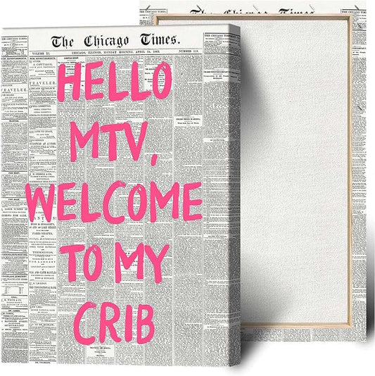 Drimiler Retro Hello Mtv Welcome To My Crib Posters Pink Font Newspaper Canvas Wall Art Positive Affirming 70'S Room Aesthetic Prints Painting For Home Bedroom Dorm Wall Decor 24x36in Wframed