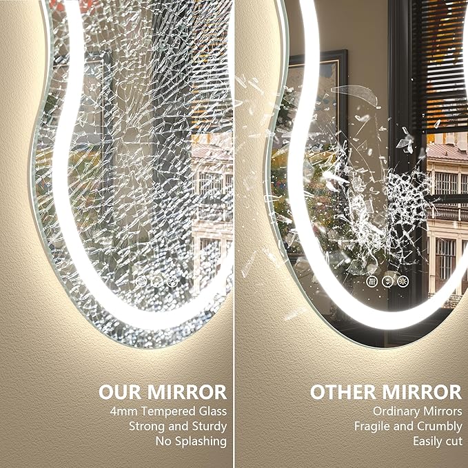 24x36 Inch Asymmetrical LED Bathroom Mirror, Irregular Cloud LED Lighted Vanity Mirror with Lights for Wall, Anti-Fog, Dimmable, 3 Colors, Memory (Horizontal/Vertical)
