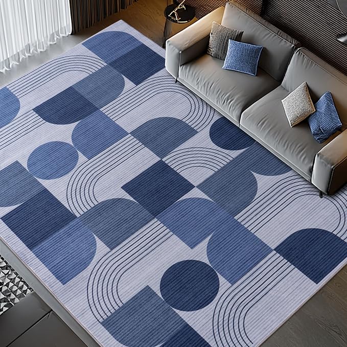 Large Machine Washable 5x7 Area Rug, Soft Modern Geometric Abstract Blue Rugs for Bedroom Living Room, Non-Shedding Faux Wool Indoor Throw Floor Carpet for Office Entryway Dining Room Decor
