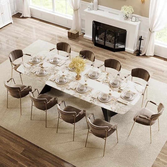 Extendable Dining Table with Leaf, 78"-110" Rectangular Sintered Stone, Marble-Look Top, Seats 6-14, Metal Base, Easy-Clean, Heat & Scratch Resistant, Dining Room/Kitchen Table for Family Gatherings
