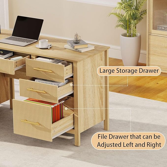 Modern Executive Desk with Drawers: 60" Oak Home Office Desks with File Drawers, Wood Fluted Computer Writing Desk for Work, Study, and Living Room (60")